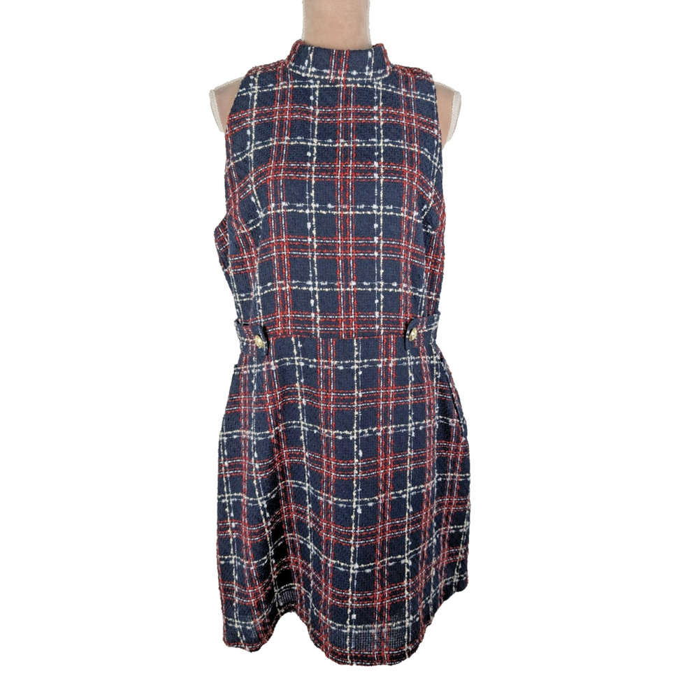 NWT ALEXIA ADMOR Remington Plaid Tweed Midi Dress Sz 14 Navy Quiet Luxury